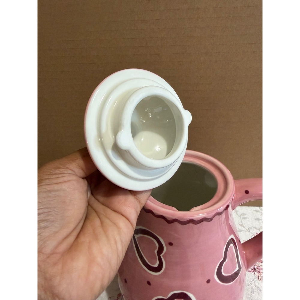 Laurie Gates Pink Heart Polka Dot Ceramic Teapot with Lid Hand Painted - Picture 3 of 7